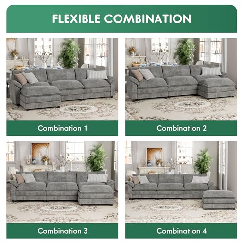 L-Shaped Chenille Modular Sofa with Ottoman - Grey