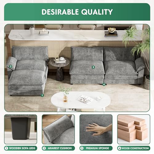 L-Shaped Chenille Modular Sofa with Ottoman - Grey
