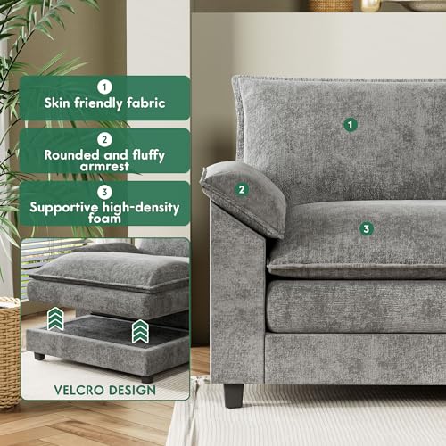 L-Shaped Chenille Modular Sofa with Ottoman - Grey