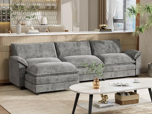 L-Shaped Chenille Modular Sofa with Ottoman - Grey