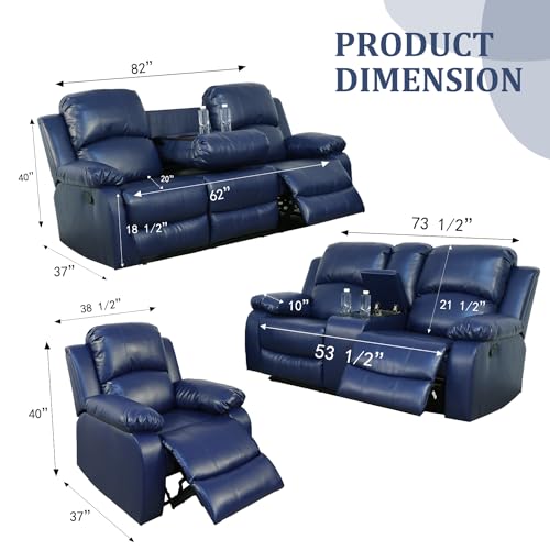 Blue Leather Recliner Sofa and Loveseat Set