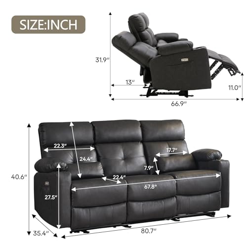 Power Reclining Sofa with Heat, Massage & USB Ports