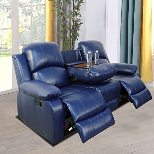Blue Leather Recliner Sofa and Loveseat Set