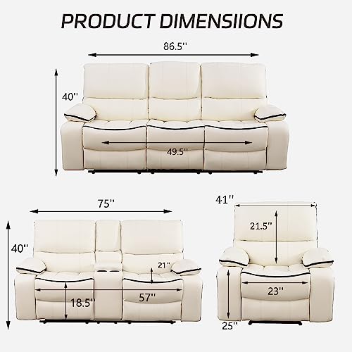 Creamy White Recliner Sofa Set with Cup Holders