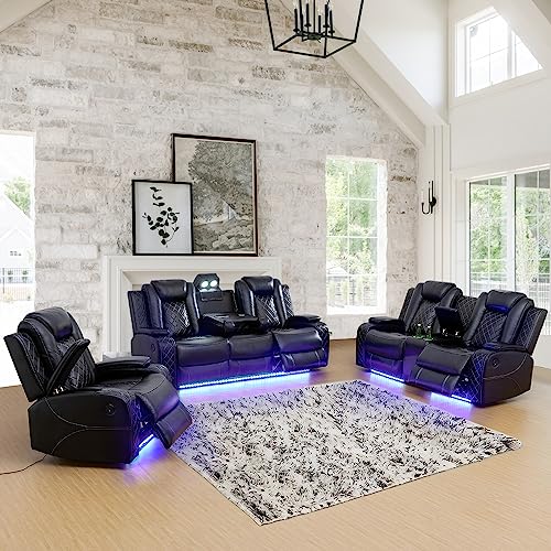 Power Leather Recliner Sofa Set with LED Lights