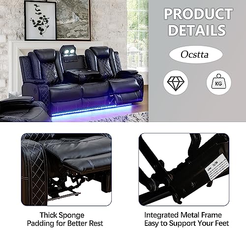 Power Leather Recliner Sofa Set with LED Lights