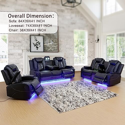 Power Leather Recliner Sofa Set with LED Lights