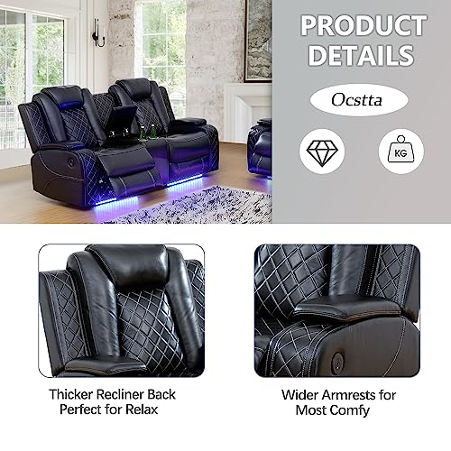 Power Leather Recliner Sofa Set with LED Lights