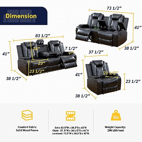 FUOROLA 3-Piece Power Reclining Sofa Set in Black