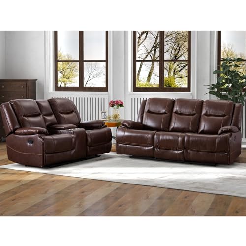 EBELLO Brown Leather Recliner Sofa Set
