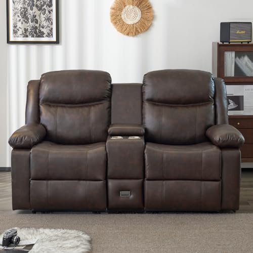Brown PU Leather Loveseat Recliner with Console