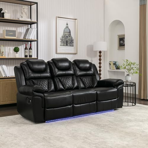 Olodumare Black Leather Reclining Sofa with LED Lights