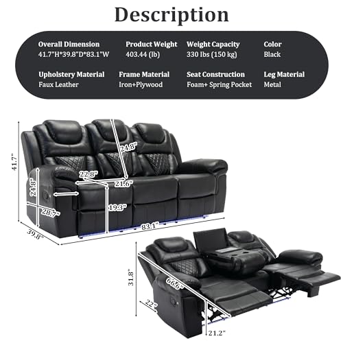 Olodumare Black Leather Reclining Sofa with LED Lights