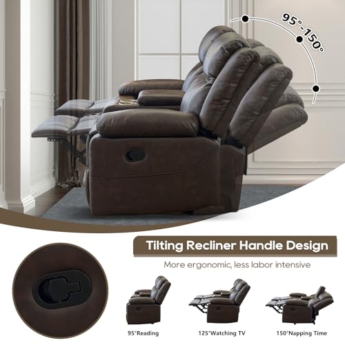 Brown PU Leather Loveseat Recliner with Console