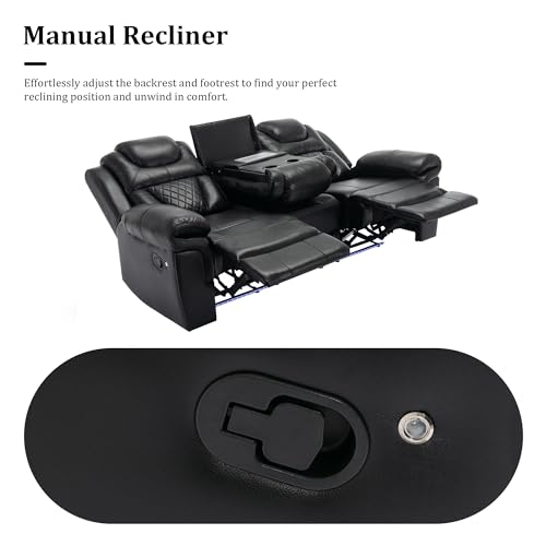 Olodumare Black Leather Reclining Sofa with LED Lights
