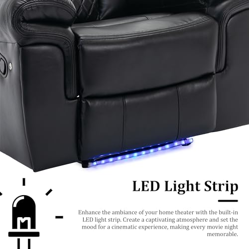 Olodumare Black Leather Reclining Sofa with LED Lights