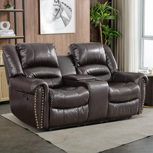 Chocolate Brown Faux Leather Reclining Loveseat with Cup Holders