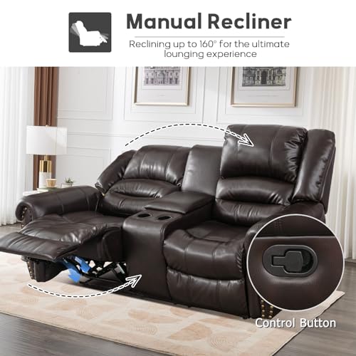 Chocolate Brown Faux Leather Reclining Loveseat with Cup Holders
