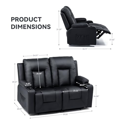 Modern Leather Recliner Love Seat with Cup Holders