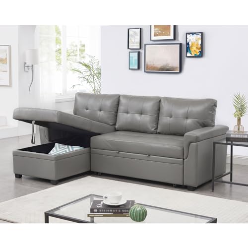 Reversible Gray Sleeper Sectional Sofa with Chaise