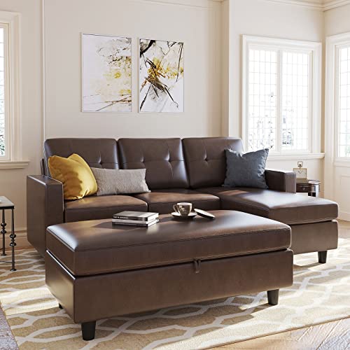 HONBAY Brown Leather L-Shaped Sectional Sofa Set
