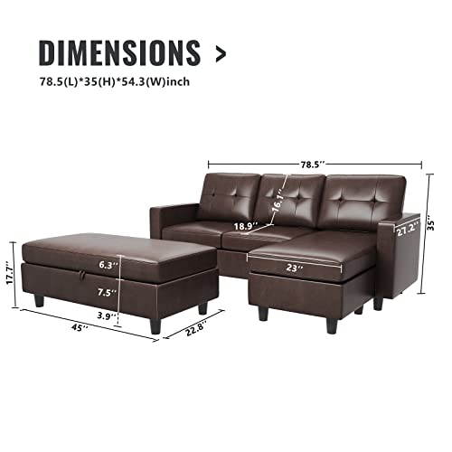 HONBAY Brown Leather L-Shaped Sectional Sofa Set
