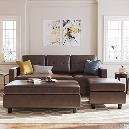 HONBAY Brown Leather L-Shaped Sectional Sofa Set