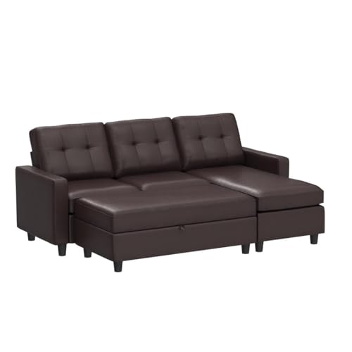HONBAY Brown Leather L-Shaped Sectional Sofa Set