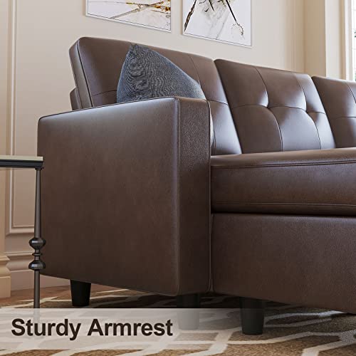 HONBAY Brown Leather L-Shaped Sectional Sofa Set