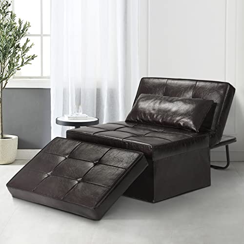 Convertible Leather Sleeper Sofa with Ottoman, Deep Brown