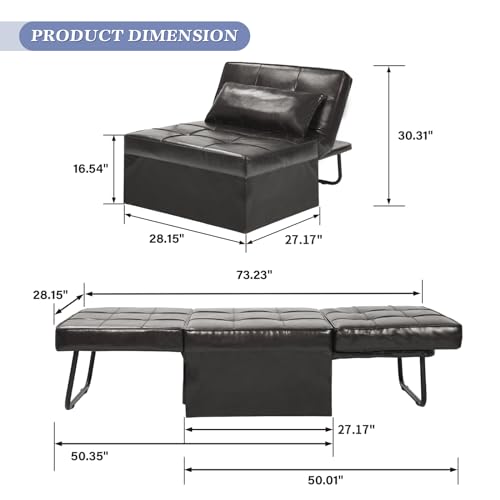 Convertible Leather Sleeper Sofa with Ottoman, Deep Brown