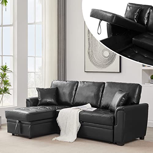 Black PU Leather Sleeper Sofa with Reversible Chaise