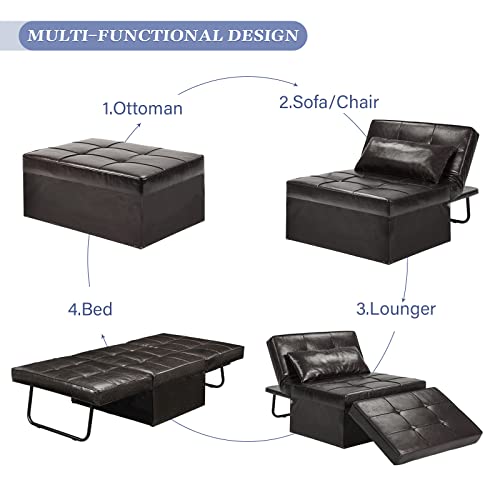 Convertible Leather Sleeper Sofa with Ottoman, Deep Brown