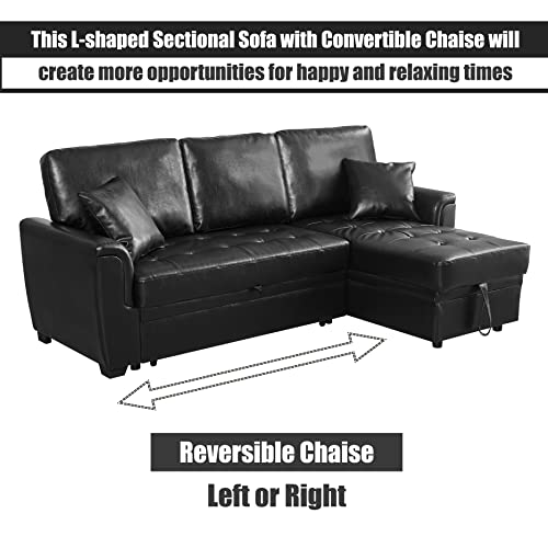 Black PU Leather Sleeper Sofa with Reversible Chaise