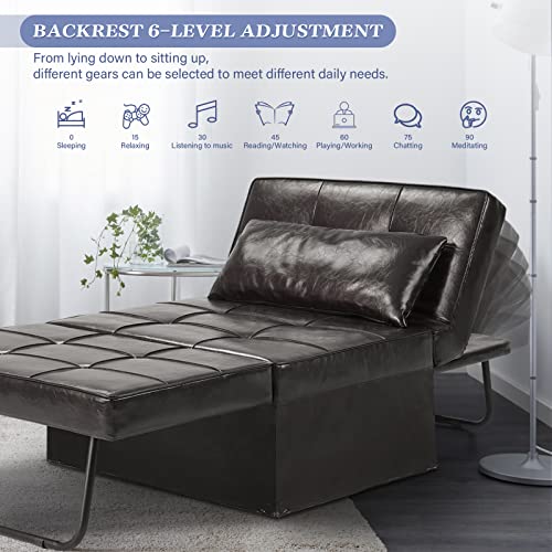 Convertible Leather Sleeper Sofa with Ottoman, Deep Brown