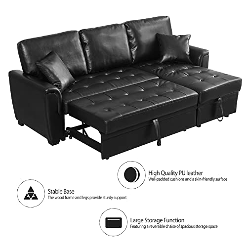 Black PU Leather Sleeper Sofa with Reversible Chaise