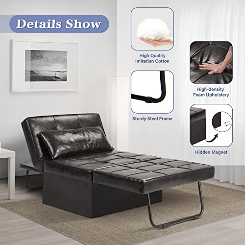 Convertible Leather Sleeper Sofa with Ottoman, Deep Brown