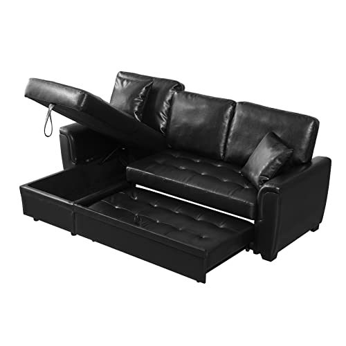 Black PU Leather Sleeper Sofa with Reversible Chaise