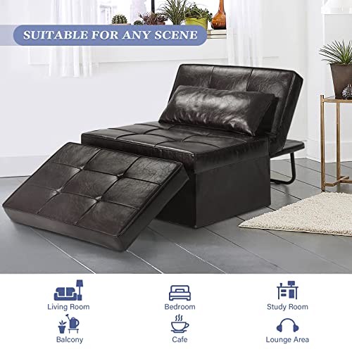 Convertible Leather Sleeper Sofa with Ottoman, Deep Brown