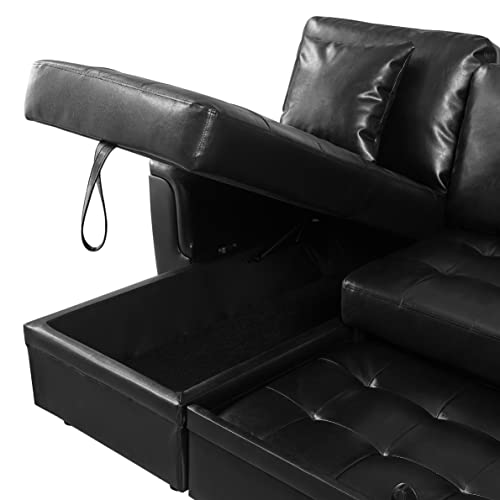 Black PU Leather Sleeper Sofa with Reversible Chaise