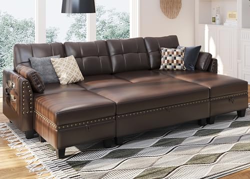 HONBAY Faux Leather Reversible Sectional Sofa Bed