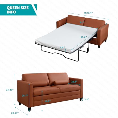 Modern Convertible Queen Sofa Bed in Cognac