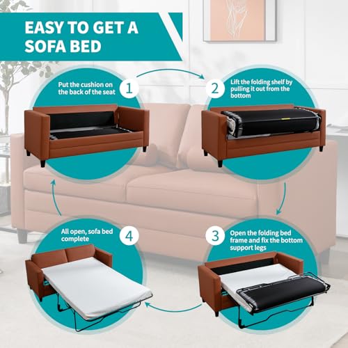 Modern Convertible Queen Sofa Bed in Cognac