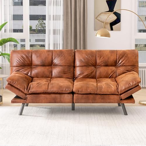 Brown Leather Foldable Futon Sofa Bed