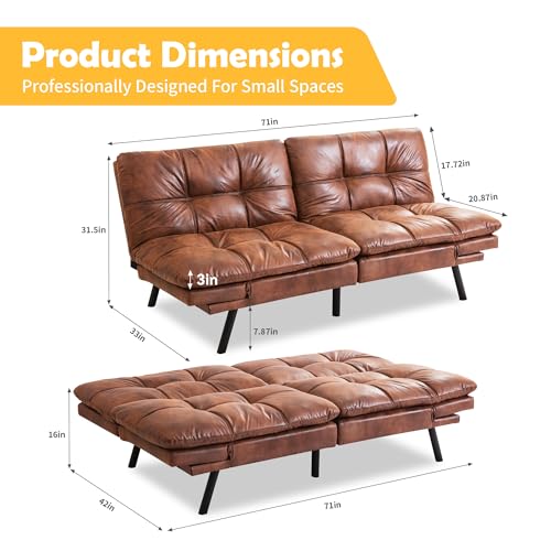 Brown Leather Foldable Futon Sofa Bed