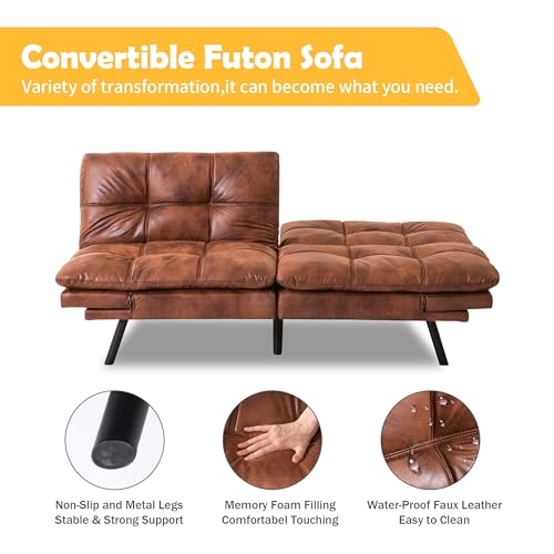 Brown Leather Foldable Futon Sofa Bed