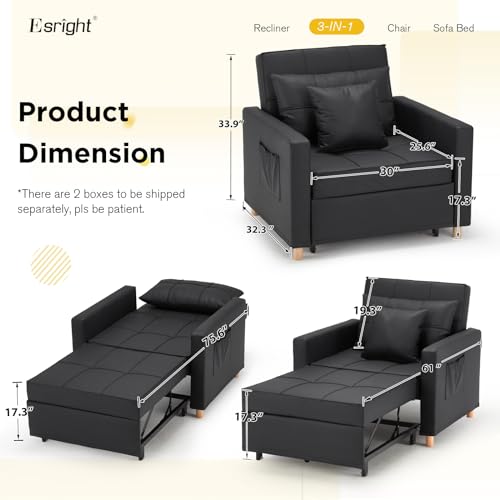 Compact 3-in-1 Sofa Bed Chair in Black
