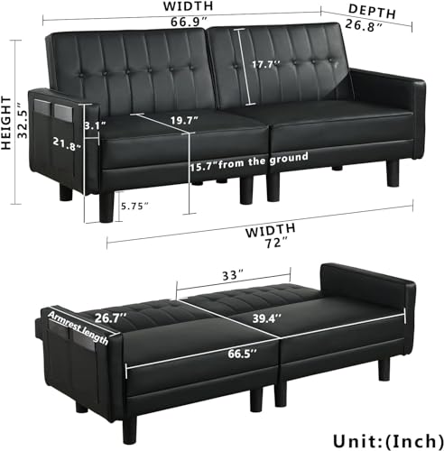 Convertible Black Futon Sofa Bed with Armrests