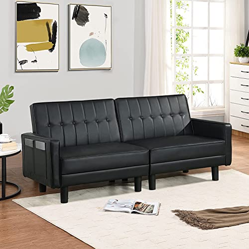 Convertible Black Futon Sofa Bed with Armrests