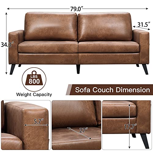 Brown Mid-Century Modern Faux Leather Sofa